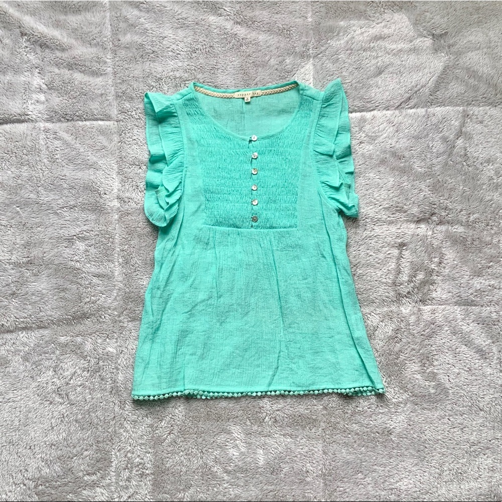 Turquoise Button Down Ruffled Sleeve Top - Picture 7 of 7